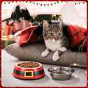 Qinyoung Christmas Pet Food Bowl for Small Dog Cat, 7oz Red Santa Belt 2 in 1 Dog Food Water Bowl Stainless Steel Ceramic Stackable Pet Dish Water Feeder Non Slip Easy Clean 5.51 x 4.33 x 1.77 Inch