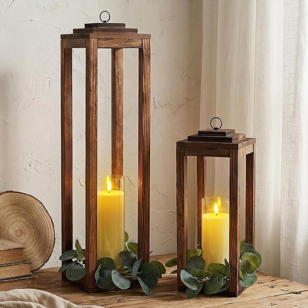 Large Wooden Farmhouse Candle Lanterns Kit, 26''/16'' Set of 2 Farmhouse Wooden Lantern with LED Candles Eucalyptus Wreath, Decor for Outdoor Indoor Home Table Floor Fireplace Porch (No Glass)