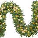 9FT Pre-Decorated Christmas Garland with Lights, Battery Operated Outdoor Christmas Garland for Mantel, 180 Multi Tips & Pine Needles, Time Functional Christmas Decorations for Table (Gold)