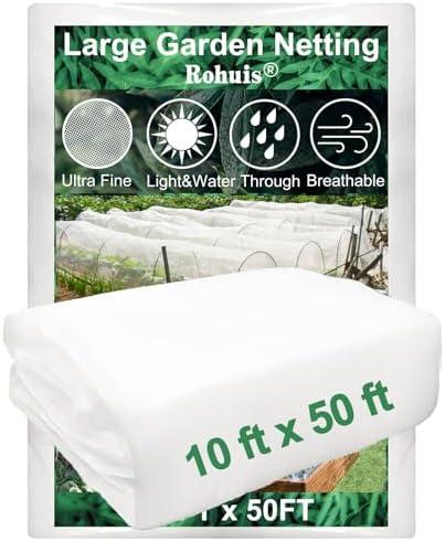 Rohuis Garden Netting Pest Barrier, 10 ft x 50 ft Ultra Fine Mesh Mosquito Cicada Bird Bug Net for Raised Garden Bed Greenhouse, Plant Row Cover for Protect Vegetables Fruits Flowers Trees from Insect