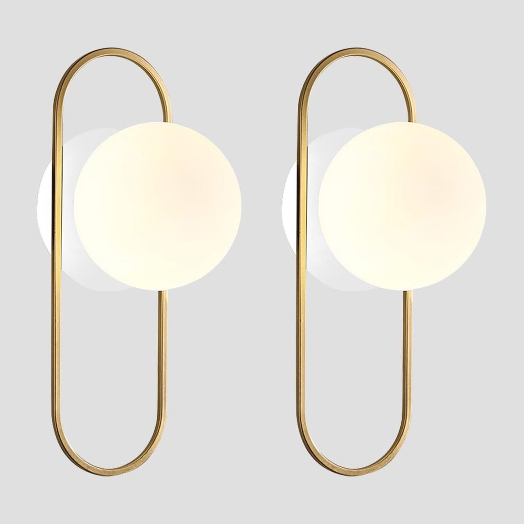 Gold Glass Globe Wall Sconce Set of 2 Mid-Century Modern Vintage Brass Oval Wall Mounted Light Fixtures Rustic Bathroom Vanity Lights Over Mirror