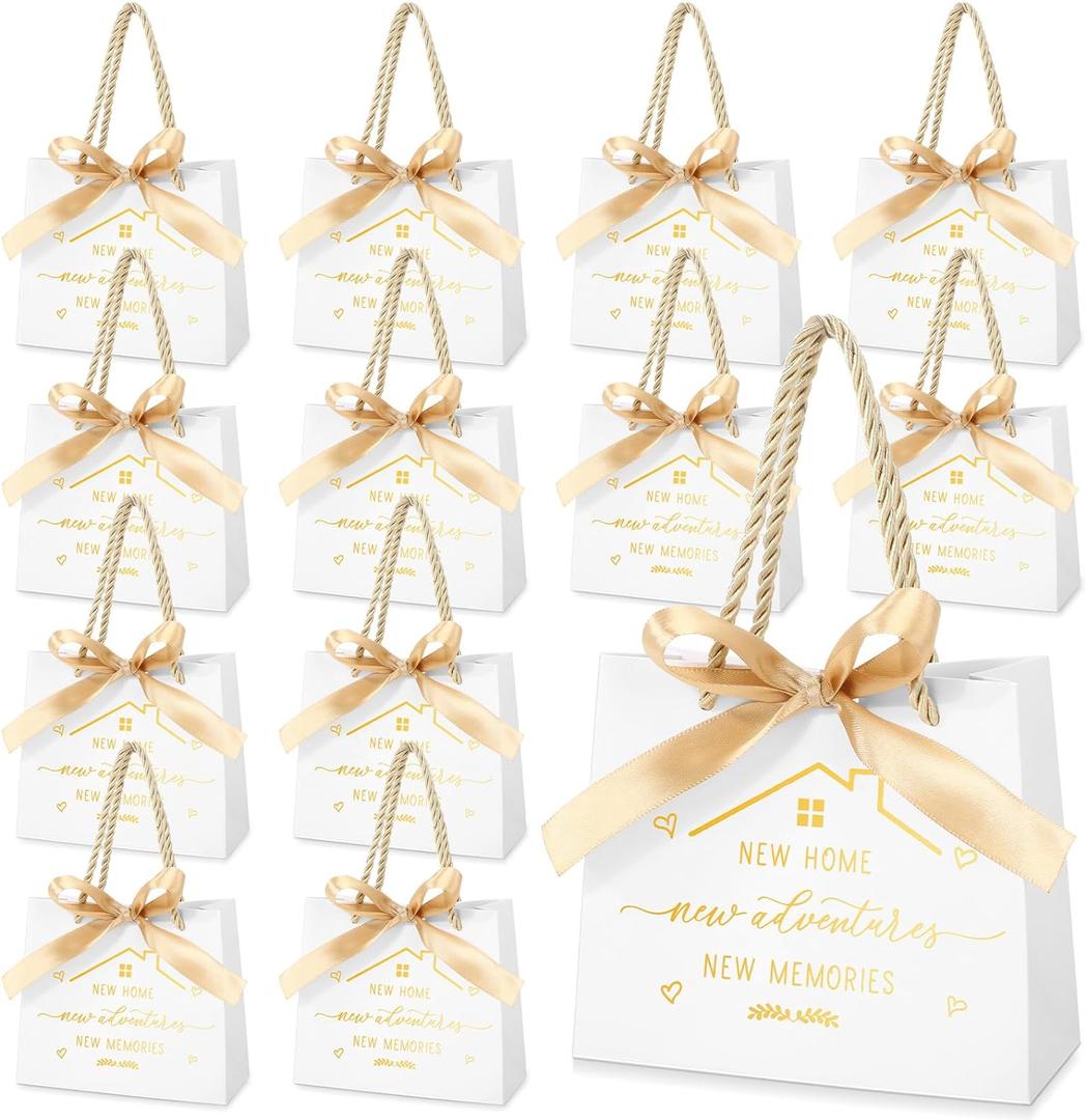 Spakon Pack of 25 Small Housewarming Gift Bags New Home Wrapping Real Estate Agent Gifts Bags with Golden Ribbon Bow and Handles for Clients Friends New Adventure Sweet Present Supplies(White)