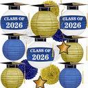 Gilprop 15 Pcs Blue and Gold Graduation Decoration 2026 Paper Lanterns Graduation Party Decorations Hanging Round Paper Lanterns with Black Grad Hat Tassel for Congratulation Grad Decorations