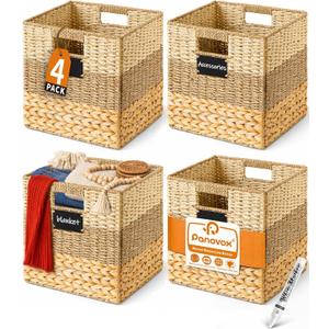 Storage Basket, 13x13x13 Inch Storage Cubes, Water Hyacinth Wicker Basket for Storage, Handmade Woven Baskets for Organizing, Set of 4 Wicker Storage Baskets for Shelves