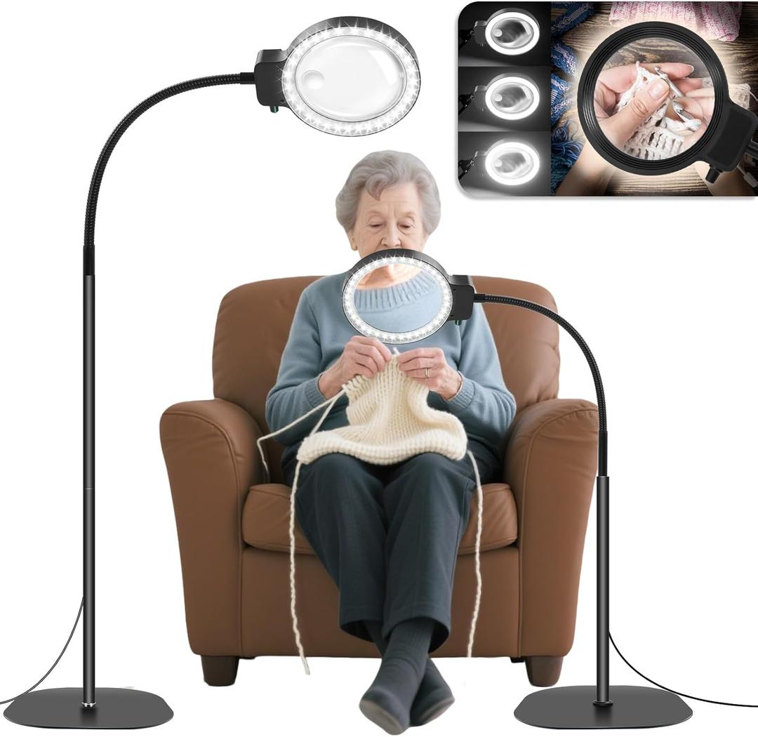 10X 30X Floor Magnifying Glass with Light and Stand,36 LED Flexible Gooseneck Magnifying Lamp, Adjustable Brightness Large Lighted Magnifiers for Reading,Sewing,Crafts,Painting,DIY,Close Work (Black)