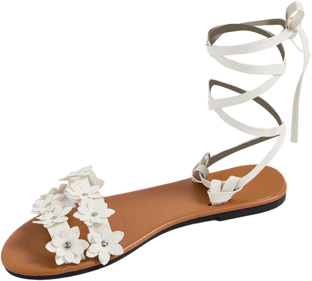 GORGLITTER Women's Flower Lace Up Sandals Floral Open Toe Strappy Tie Up Flat Sandals (9, White)