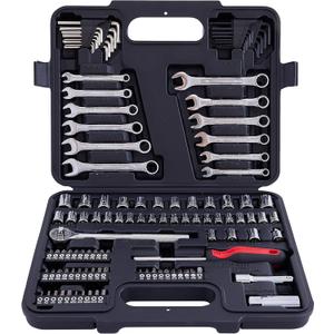 121 Piece Mechanic Tool Set, 1/4 & 3/8 Inch Drive Metric & Standard Socket Wrench Kit, for General, Home, Car, Mechanics, Automotive Repair Tool Kit and as A Gift