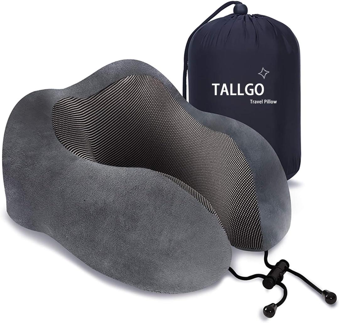TALLGO Travel Pillow, Best Memory Foam Neck Pillow Head Support Soft Pillow for Sleeping Rest, Airplane Car & Home Use (Grey)