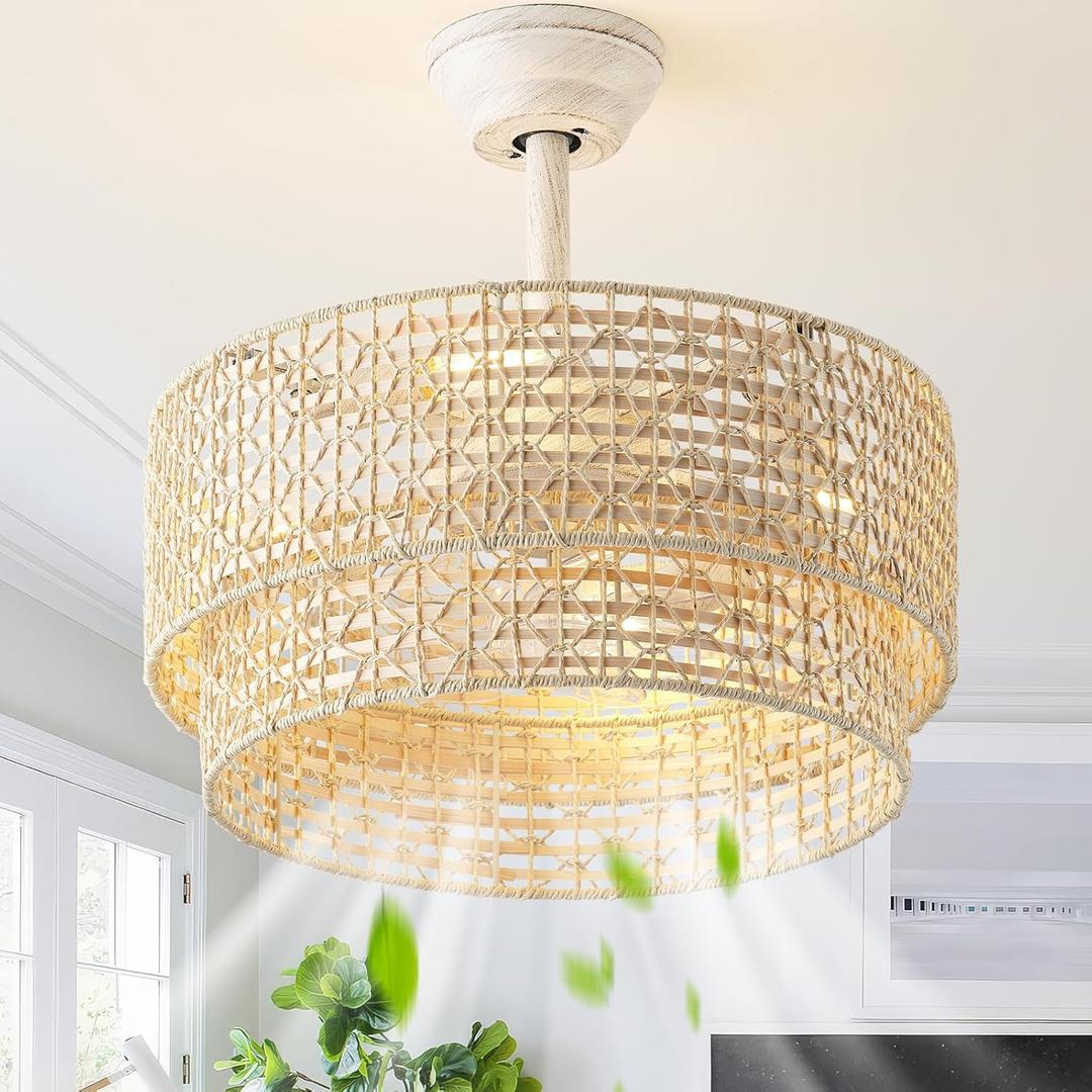 20" Boho Ceiling Fans with Lights, Rattan Fandelier Chandelier Ceiling Fan with Light Remote Control, Caged with 6 Speeds for Bedroom, Nursery