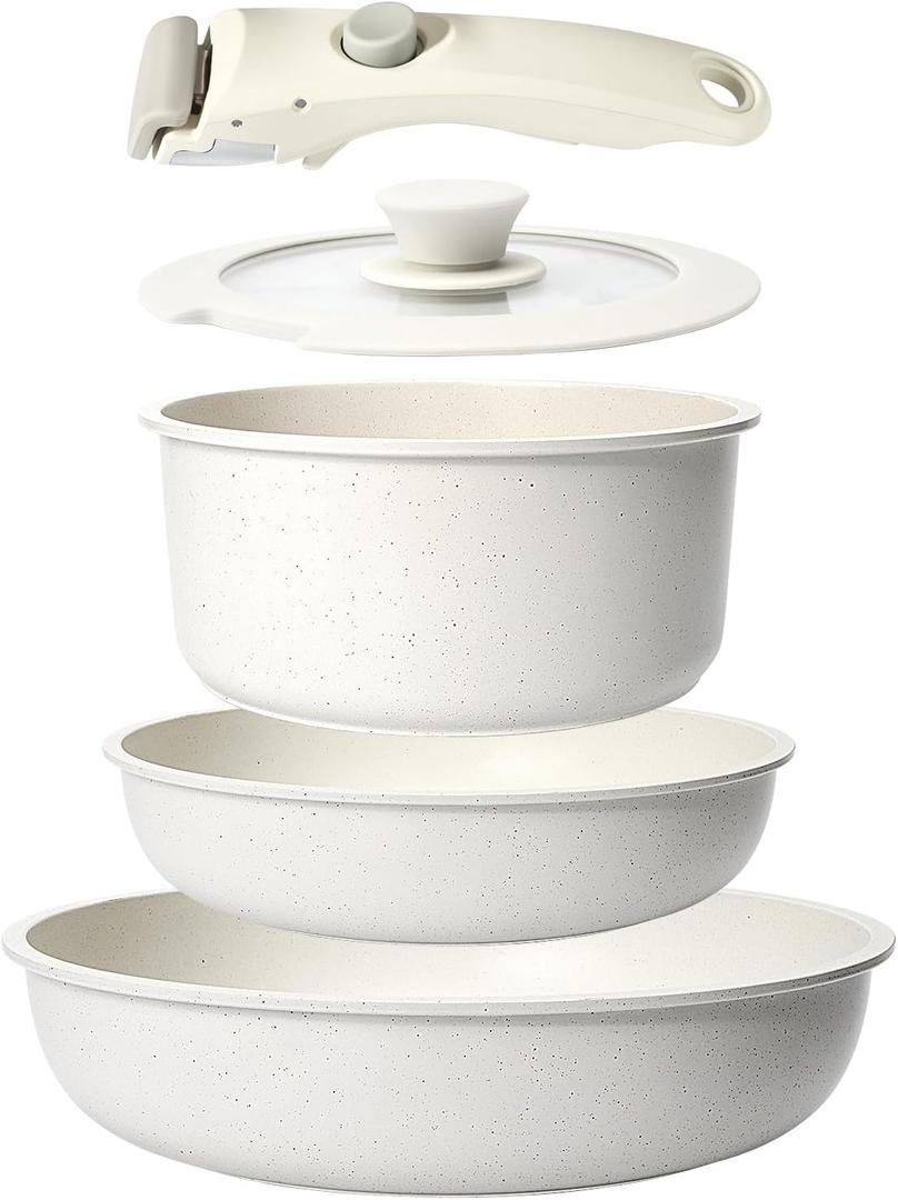 GiPP 5Pcs Pots and Pans Set Non Stick, Cookware Sets Nonstick Detachable Handle, Induction Kitchen Set Removable Handle, RV Cookware set, Oven Safe (White)