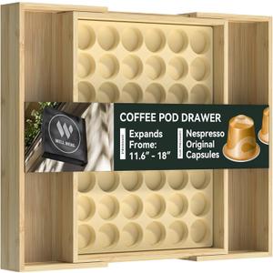 for Nespresso Original Capsules - Expandable Bamboo Coffee Pod Storage for Counter Drawer Insert - 48 Capsules & Tea Bags Organizer (Expands from 11.6" to 18") (Large)