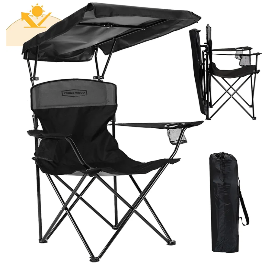 YOUNG WOOD Portable Camping Chair Beach Chair with Shade Canopy, Fold Lightweight Oversized for All, Easy to Open and Close Without Installation, Side Pocket Design for All Outdoor Activities，Black