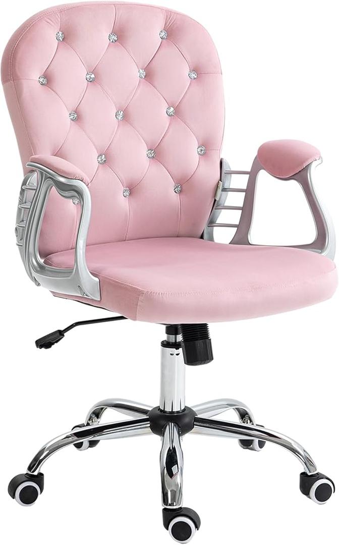 Vinsetto Velvet Home Office Chair, Button Tufted Desk Chair with Padded Armrests, Adjustable Height and Swivel Wheels, Pink