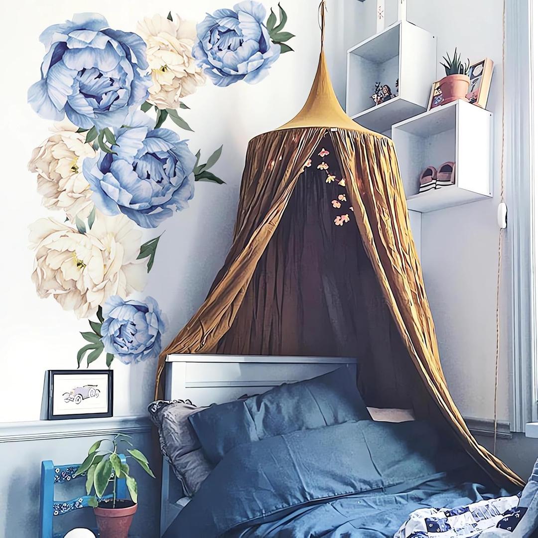 Large Blue Peonies Flower Wall Stickers, Sacinora Delicate Peony Rose Floral Art Wall Decals Removable Vinyl Peel and Stick for Living Room Bedroom Nursery Sofa TV Background Decorations