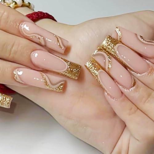 RUOKEXIN Long Press on Nails French Tip Coffin Fake Nails Gold Glitter Acrylic False Nails with Ripple Designs Glossy Artificial Nail Press ons Summer Glue on Nails Natural Stick on Nails for Women and black Nails,Set Of 2