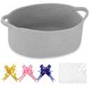 COMSE Small Woven Basket with Gift Bags and Ribbons, Gift Basket Empty, Cotton Rope Storage Organizer, Baby Toy Box with Handles, 12" x 8" x 5", Cool Gray