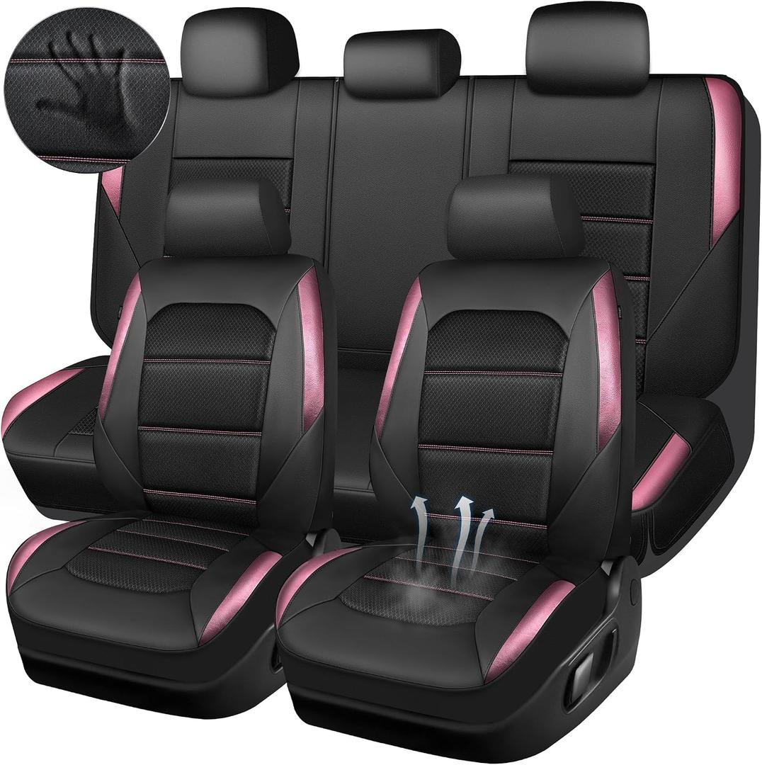 CAR PASS Memory 3D Foam Car Seat Covers Full Set, Breathable Mesh Thick Seat Covers for Car, Pink Metal Film Leather Seat Covers, Universal Automotive Comfort for SUVs Trucks, Black Pink