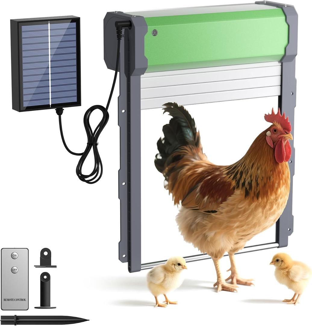 Automatic Chicken Coop Door Solar Powered, with Timer & Light Sensor, Anti-Pinch and Weather Proof, 4 Modes Aluminum Alloy Poultry Door for Chickens, Remote Control