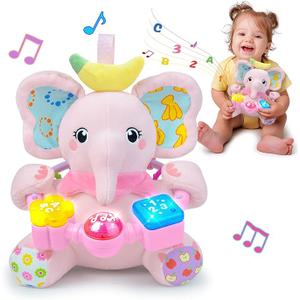 Holaxander Baby Elephant Musical Stuffed Animals Toy with LightUp Music & Crinkle Sound Paper,Infant Bilingual Early Learning Education Toys,Tummy Time Toys for 03612+ Months Boy Girl, Pink