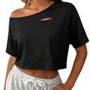 Avanova Women Off The Shoulder Crop Tops Distressed Ripped Short Sleeve Cropped Tee T-Shirt, Large, Black