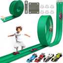 15.75 Ft Flex Track for Kids, Flexible Race Track Compatible with Hot Wheels and Diecast 1/64th Cars, Roll-Up Portable Race Car Ramp Track with Suction Cups & Track Anchors & 4 Race Cars, Green