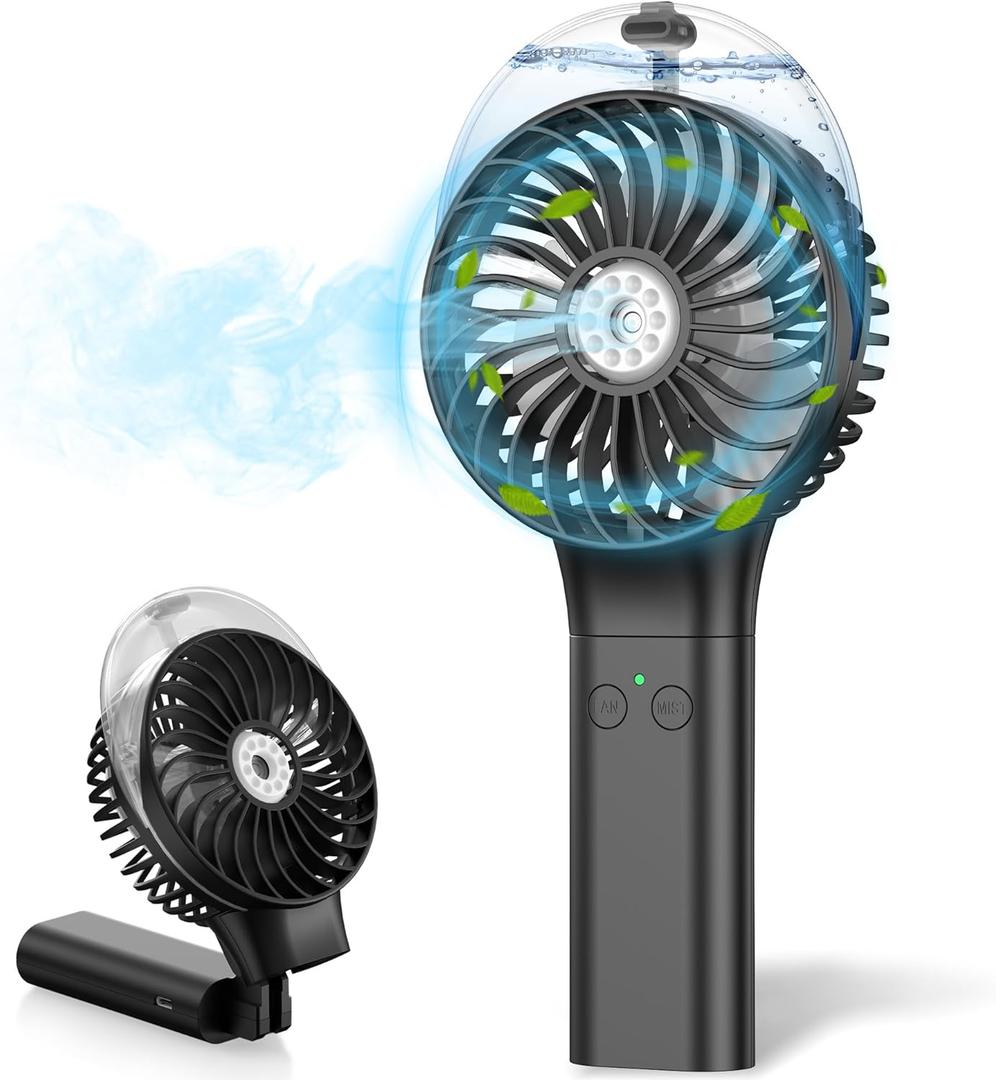 MORECORE Portable Misting Fan, 180 Foldable Handheld Personal Fan with Mist Spray, 3 Adjustable Wind Speeds, USB Rechargeable for Travel Outdoors Makeup Camping Home Office (Black)