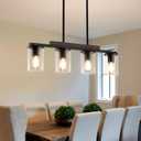 Farmhouse Dining Room Light Fixtures Over Table, Black Pendant Lights for Kitchen Island, 4 Light Linear Chandelier Lighting with Wood (Clear Glass Shade)