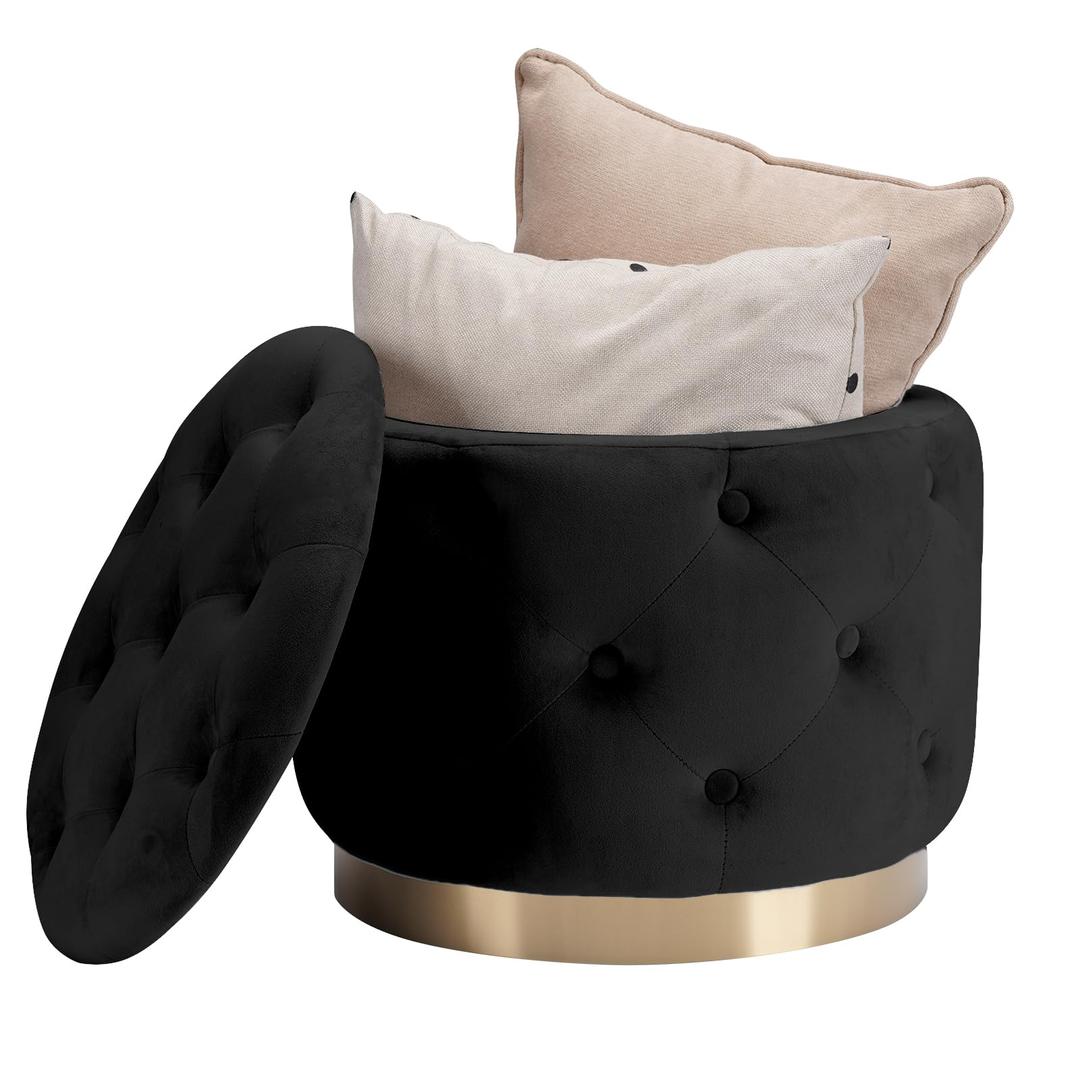 JUUON Velvet Round Storage Ottoman with Gold Metal Base, Button Tufted Modern Upholstered Footrest Stool & Coffee Table Seat for Living Room or Bedroom (Black)
