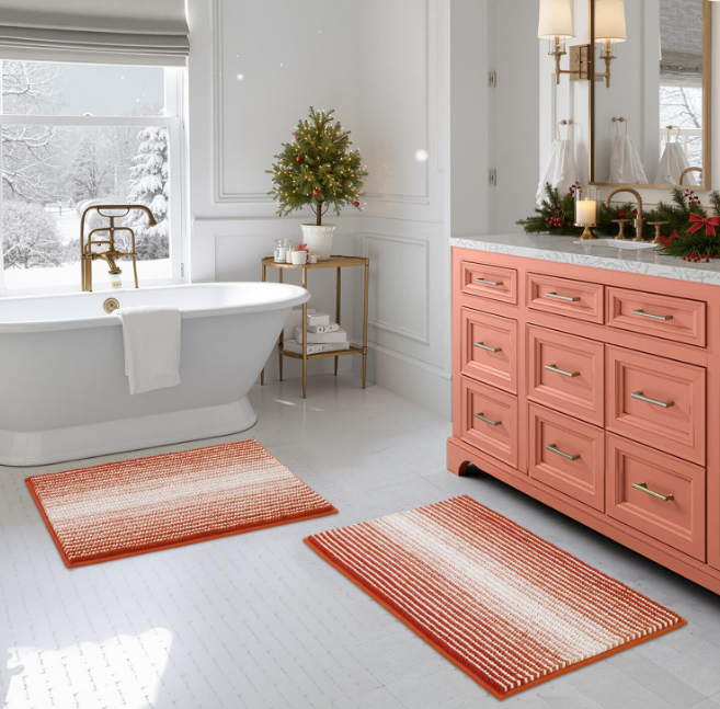Bathroom Rugs and Mats Sets, Thick Absorbent Chenille Bath Mat Rug Set Non Slip, Soft Shaggy Bath Room Floor Mats for Bathroom, Machine Washable (Sunset Orange, 16" x 24")