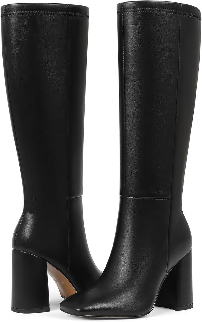 Mikarka Women's Square Toe Knee High Boots: Chunky High Heel Tall Boots for Women - Half Zipper Vegan Leather Fashion Long Fall Heeled Boots (7.5, Black)