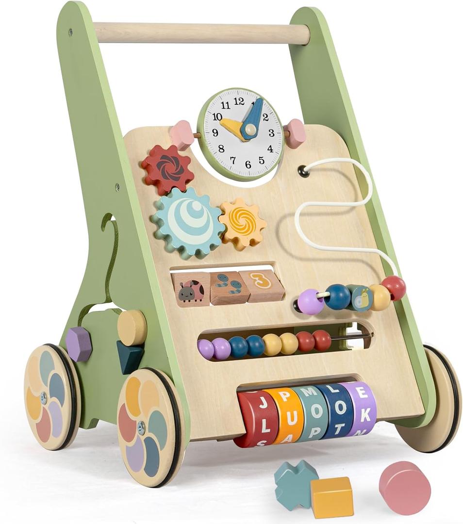 Wooden Baby Walker with Wheels, Push Walker for Baby Boy 6-12 Months, Baby Activity Center Sit to Stand Walker Small Size