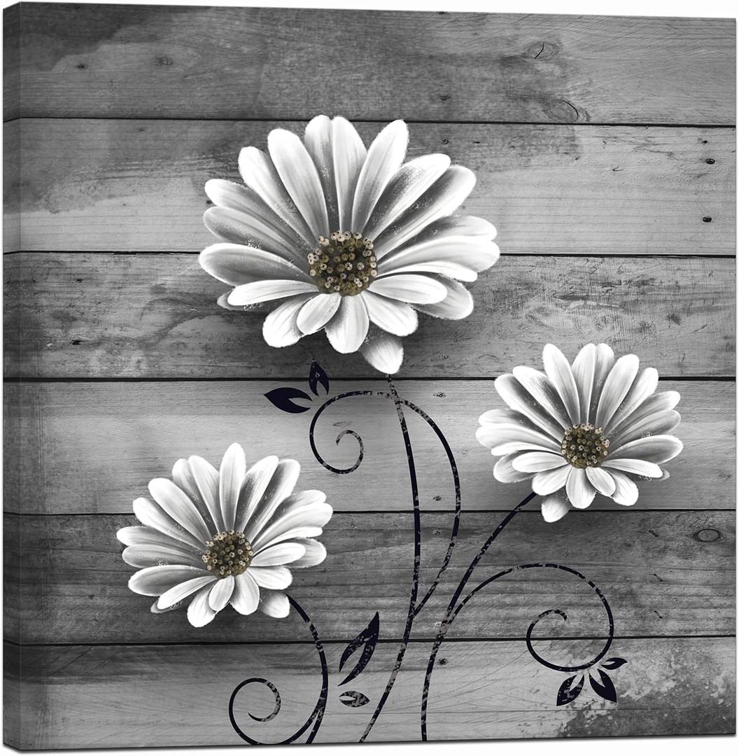 Nachic Wall Rustic Flower Canvas Wall Art Vintage Daisy Floral Painting Farmhouse Picture Wall Decor Framed Ready to Hang 24x24 Inch
