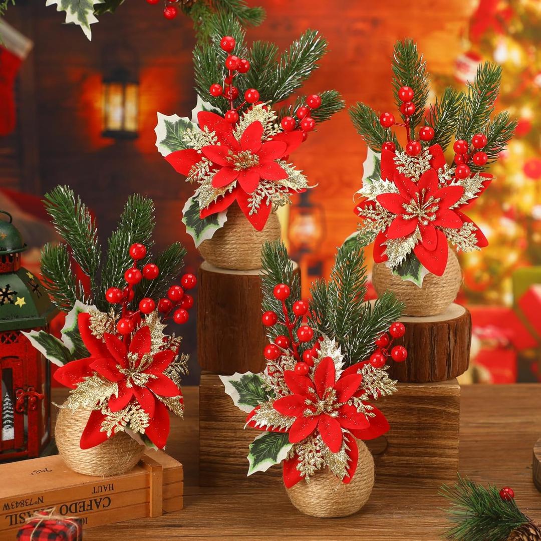 Zeyune Christmas Poinsettias Artificial Christmas Flowers Floral Red Table Top Pinecone Poinsettia and Holly Berries Silk Flower Arrangements in Decorative Pot Greenery Holiday Xmas Home Decor (4 Pcs)