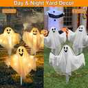 [8 Modes] 3 Pack Halloween Outdoor Decorations Lighted Ghost Yard Stakes with 50 LED Warm White Lights Battery Operated Bendable Arm Light Up White Cloth Ghost Yard Garden Outside Haunted House Decor