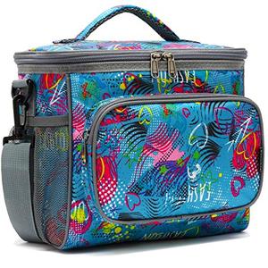 FlowFly Insulated Reusable Lunch Bag Adult Large Lunch Box for Women and Men with Adjustable Shoulder Strap,Front Zipper Pocket and Dual Large Mesh Side Pockets,Heart