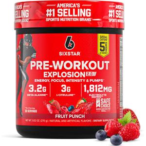 Six Star Pre-Workout Powder for Men & Women, Fruit Punch (30 Servings) - Preworkout Explosion 2.0 Energy Powder Drink Mix with Beta-Alanine & Caffeine - Sports Nutrition Supplement Products (EXP 10/17/27)