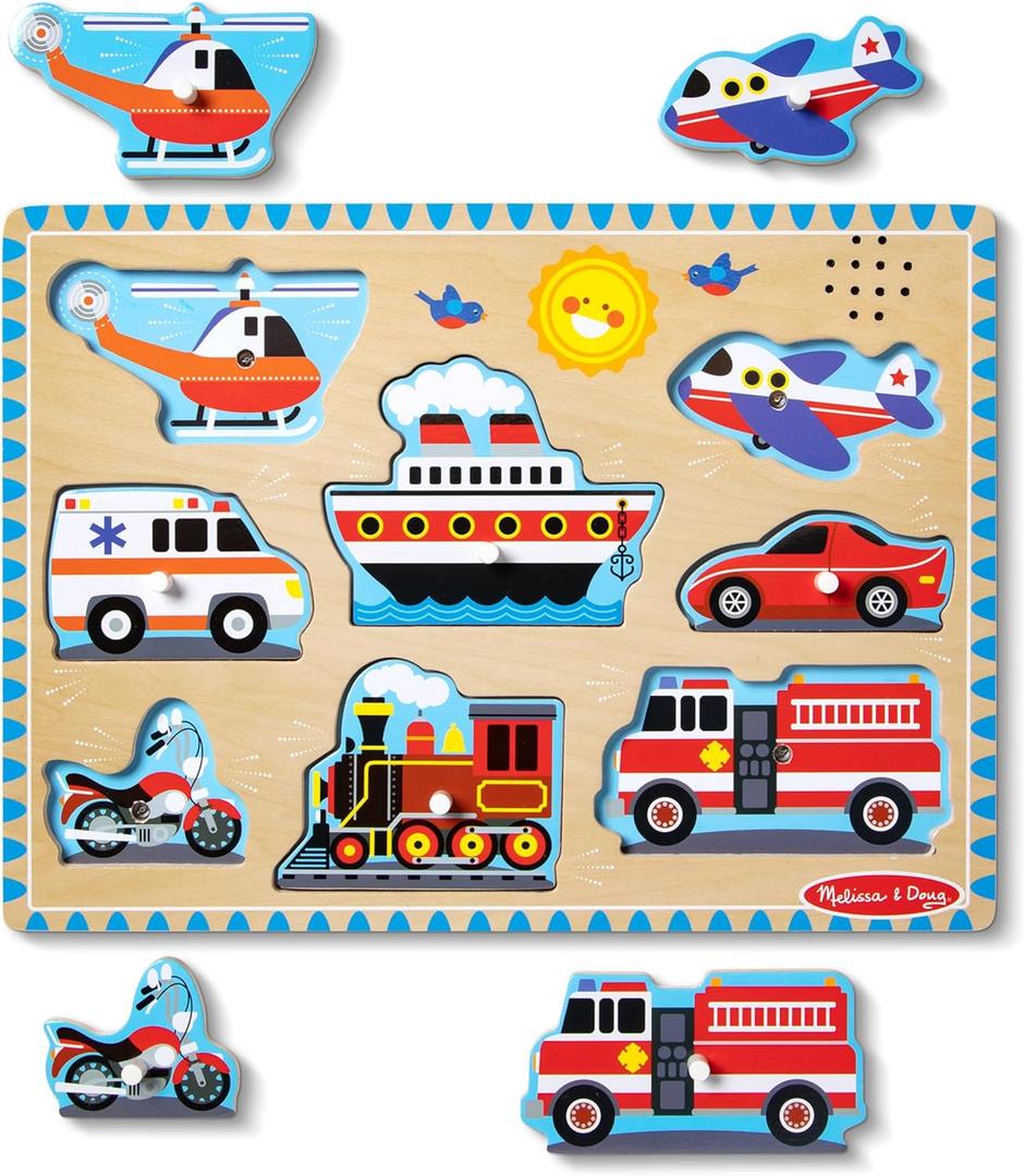 Melissa & Doug Vehicles Sound Puzzle - Wooden Peg Puzzle With Light-Activated Sound Effects (8 pcs) Puzzles for Toddlers, Wooden Puzzles For Kids Ages 2+