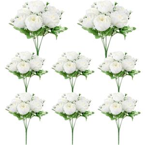 8 Packs Peonies Artificial Flowers Vintage Faux Peony Bouquet Fake Flower for Vase Silk Floral Arrangements for Table Centerpiece Wedding Decoration Indoor Home Decor White