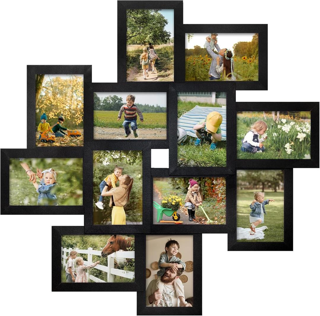 J.M.Deco 12 Opening Collage Picture Frames for Wall Decor, 4 x 6 Photo Frames with Metal hooks, One-Piece Photo Collage Frame, Black