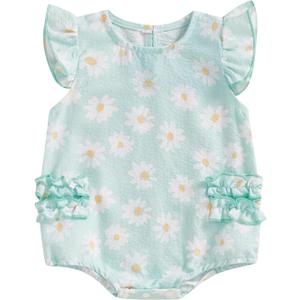 Kodaruber Cute Newborn Baby Girl Romper Plaid/Daisy Print Fly Sleeve Crew Neck Ruffle Bodysuit Spring Summer Clothes (3-6 Months, Sky Blue)