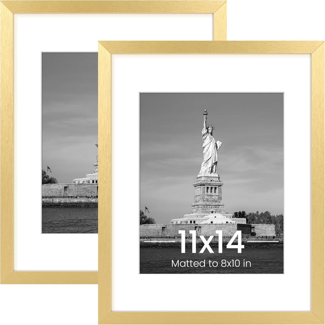 ENJOYBASICS 11x14 Picture Frame, Display Poster 8x10 with Mat or 11 x 14 Without, Wall Gallery Photo Frames, Gold, 2 Pack (11x14, Gold)