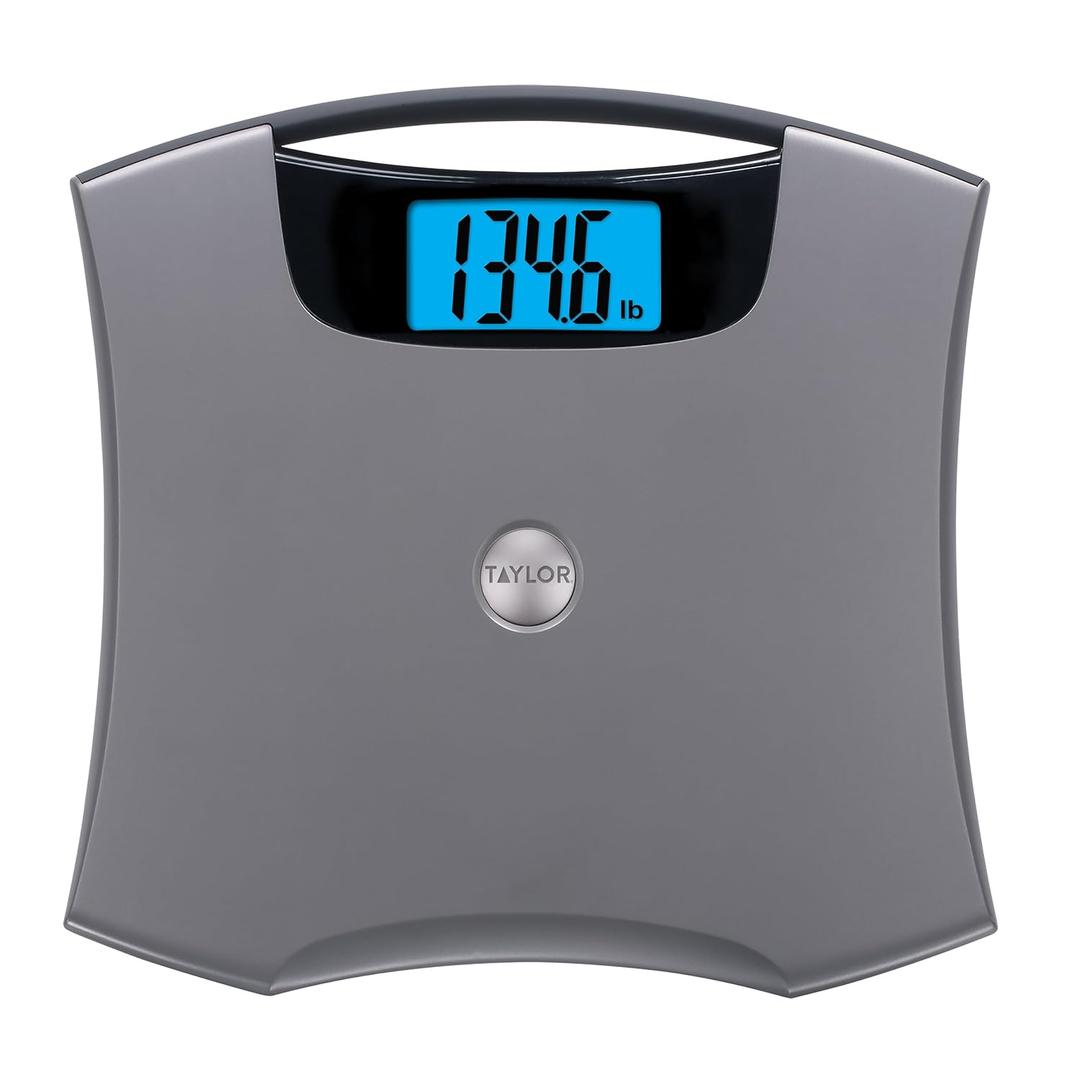 Taylor Digital Scales for Body Weight, Extra High 440 LB Capacity, Built in Handle, Jumbo Blue Readout, Durable Platform, 13.0 x 12.0 Inches, Silver Metallic