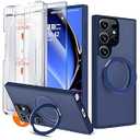 QSEVNSQ 360 Spin Magnetic Stand for Samsung Galaxy S25 Ultra Case with Screen Protector, Fit for Magsafe, 3X Military Grade Protective S25 Ultra Case with Kickstand Ring Holder, Matte Blue