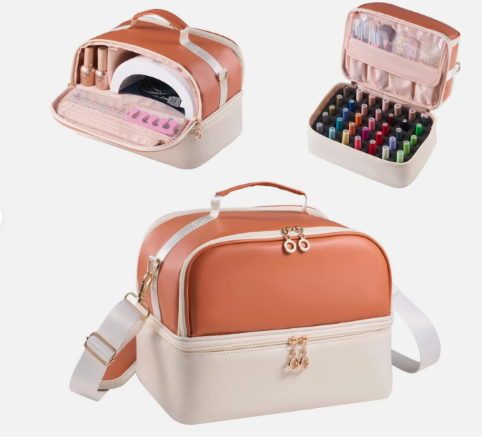 Polish Organizer Holds 35 Bottles & Nail Lamp, Nail Organizers and Storage, Double Layer Nail Bag with Handle & Shoulder Strap for Travel, Nail Supplies Organizer for Manicure Kit (Brown+Beige