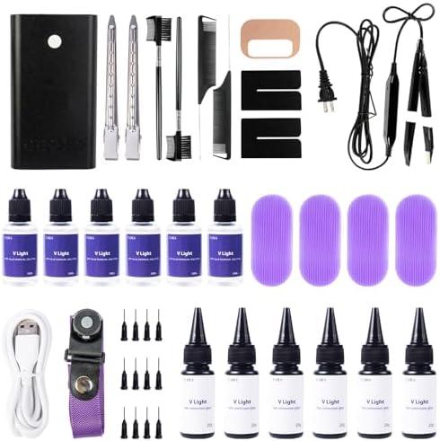 V Light Hair Extensions Kit V-Light Extension Machine V-Light Extension Remover Machine .V-Light Glue 20g * 6 v Light Glue Remover Solution 20ml * 6(Black Machine Set 2)