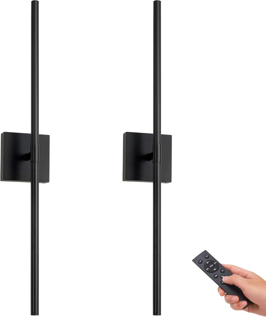 Battery Operated Black Wall Sconces Set of Two, 30" Wireless Dimmable LED Wall Lights with Remote Control, 3 Color Stepless Dimming 360 Rotate Sconces Wall Decor for Living Room Bedroom Stairs (30 Inch, Black)