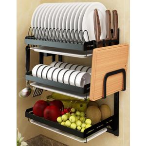 Wall Mounted Stainless Steel Dish Drying Rack Fruit Vegetable Storage Basket with Drainboard and Hanging Chopsticks Cage Knife Holder Kitchen Supplies Shelf Utensils Organizer (3-Tier)