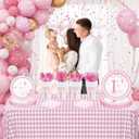 MEHOFOND 168pcs One Silly Goose Birthday Party Tableware Set for Girls, Silly Goose 1st Birthday Decorations Pink Gingham Plates and Napkins Sets for 24 Guests