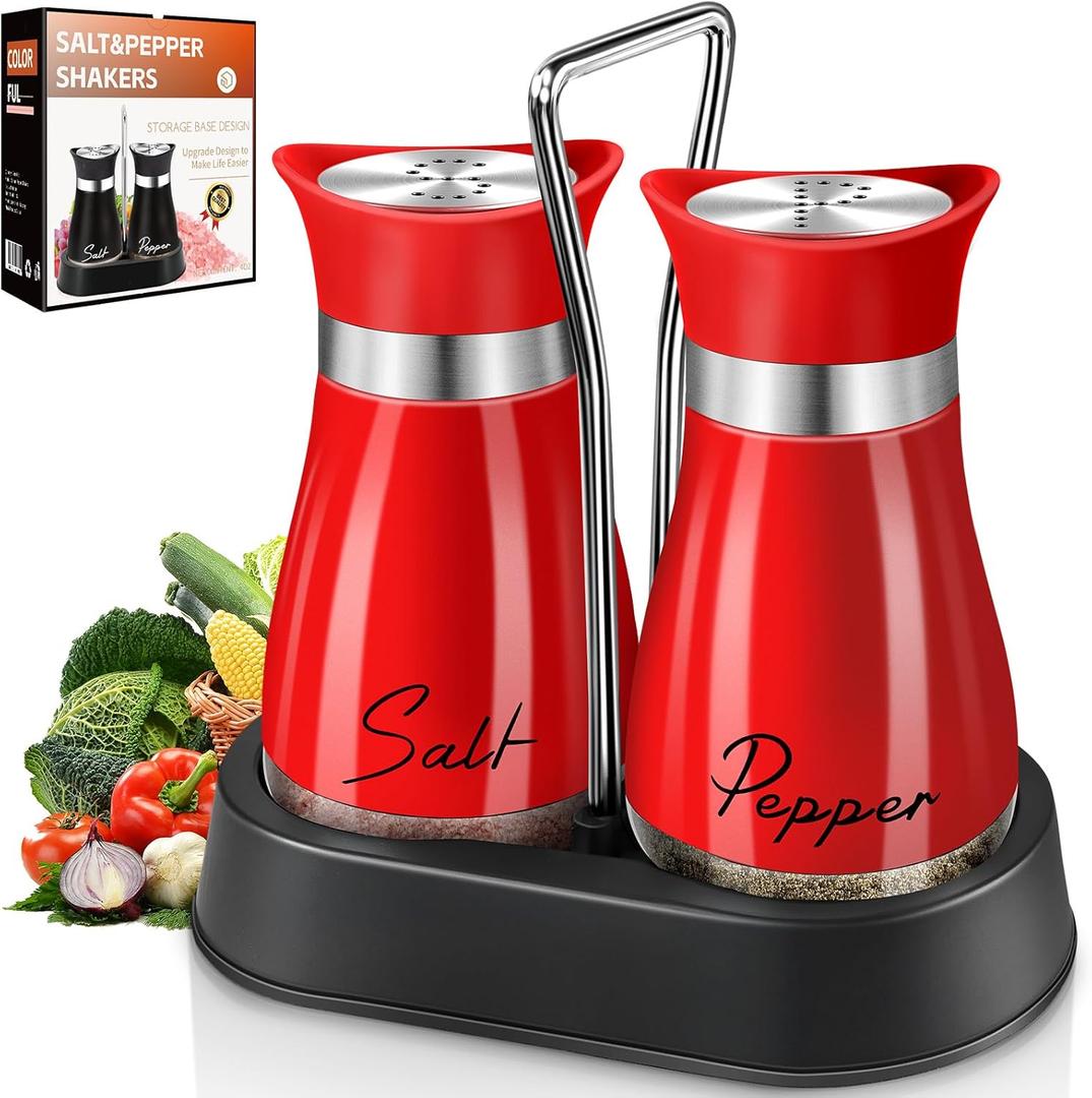 Salt and Pepper Shakers, Farmhouse Salt and Pepper Shakers Set with Holder, electroplated Handle, 4 oz Stainless Steel Glass Bottle Dispenser, for Table, RV, Camp, BBQ (Red)