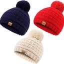 REDESS Baby Kids Winter Warm Hats, Infant Toddler Children Pom Pom Beanie Knit Cap Girls Boys (0-3T, Beige+red+navy)